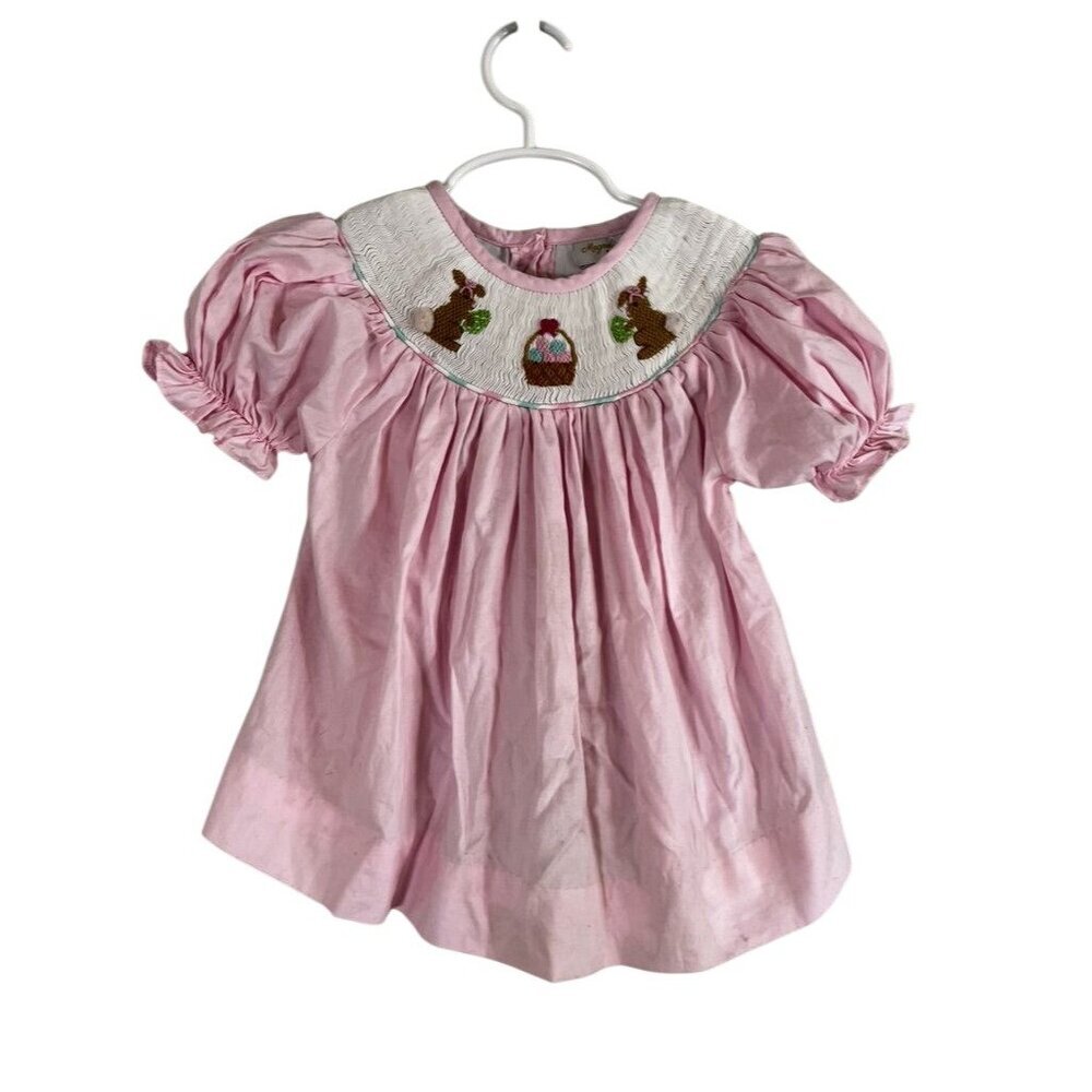 Colorful Bunny Pink Dress 2 Easter Smocked Embroidery Preppy Classic Pastel Chic